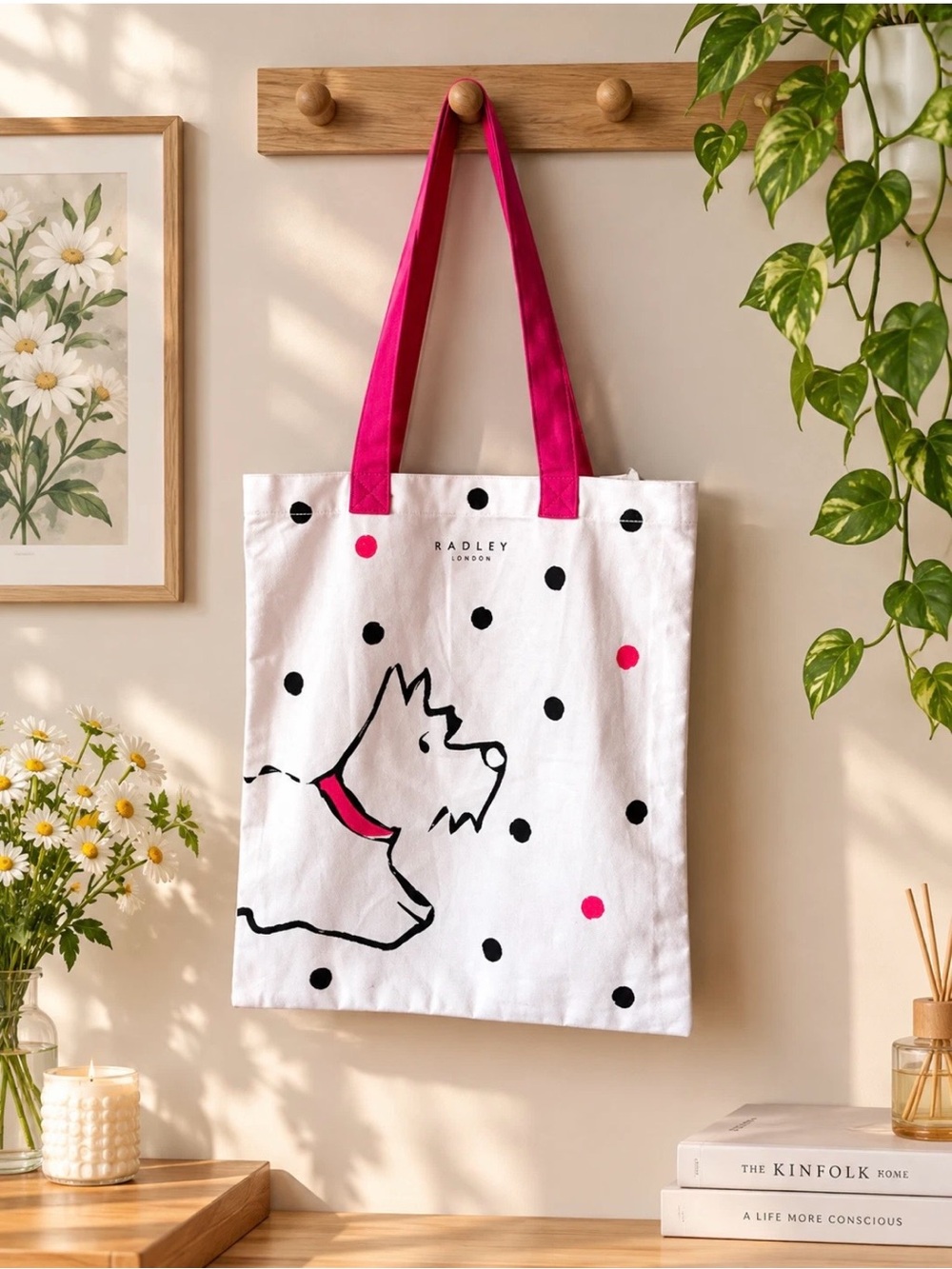 RADLEY LONDON White Canvas Tote with Pink Handles and Polka Dots